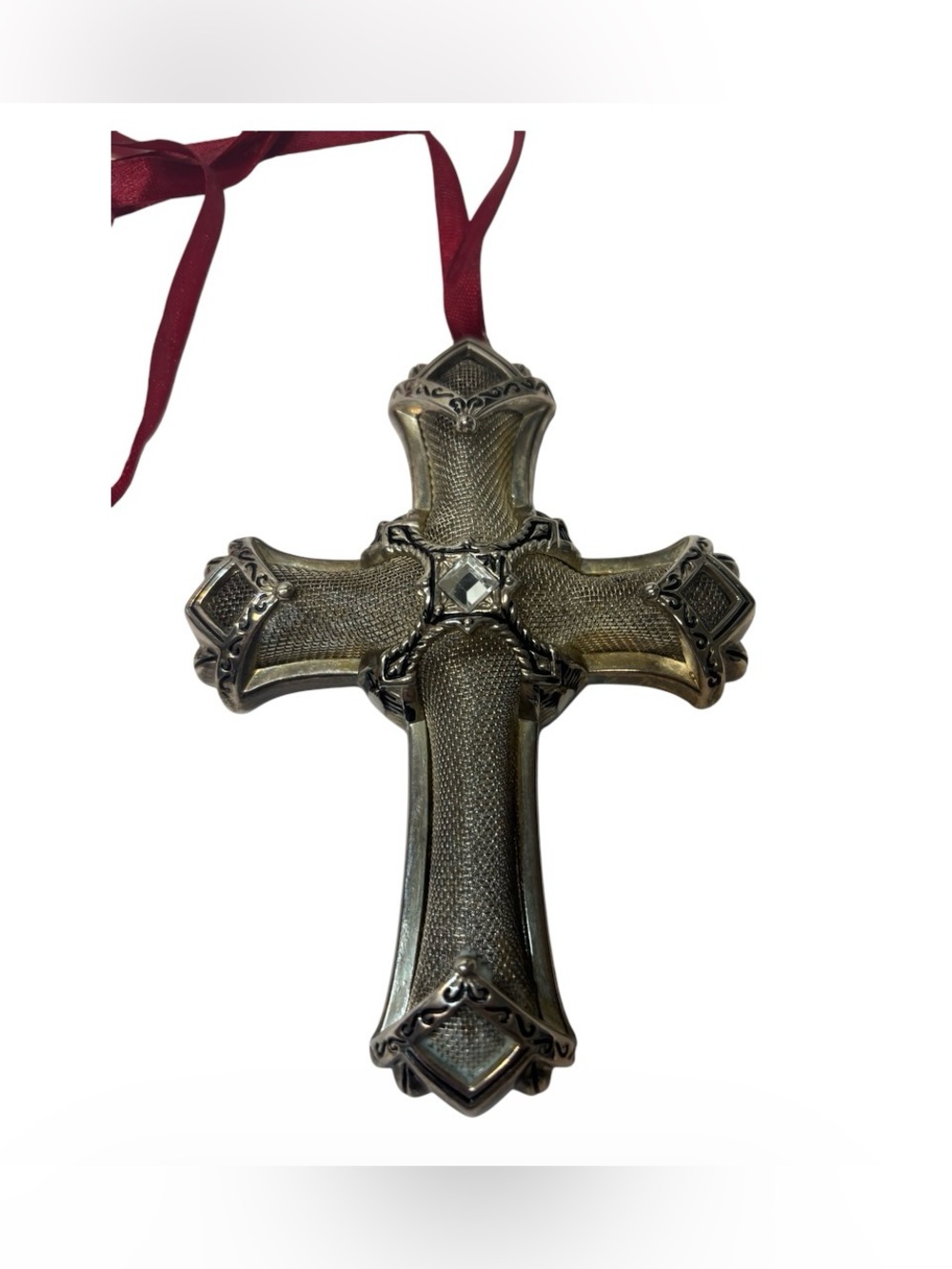 Lenox Silber-Tone Decorative Filigree Cross Ornament with Red Ribbon